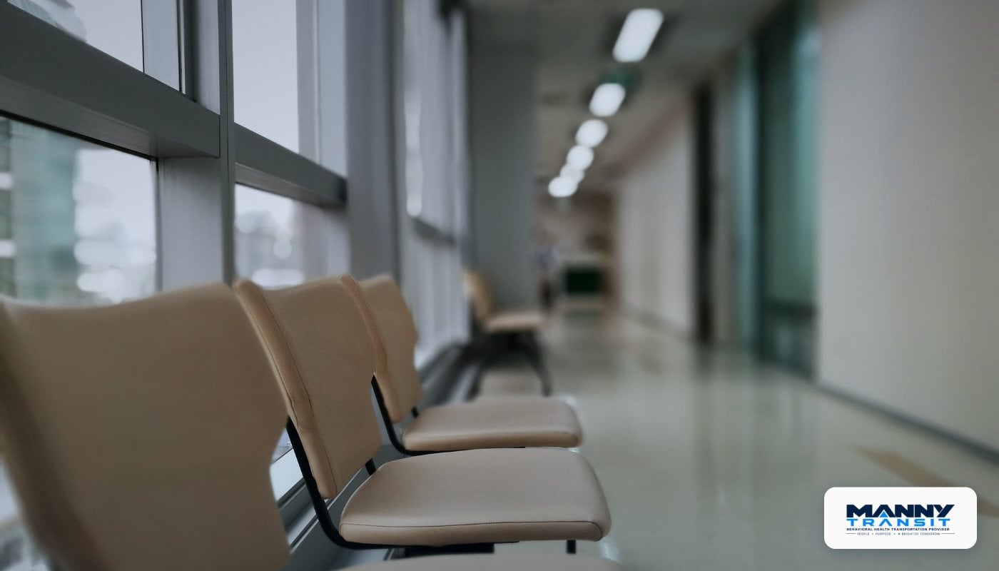Calm, bright waiting area inside a designated behavioral health facility